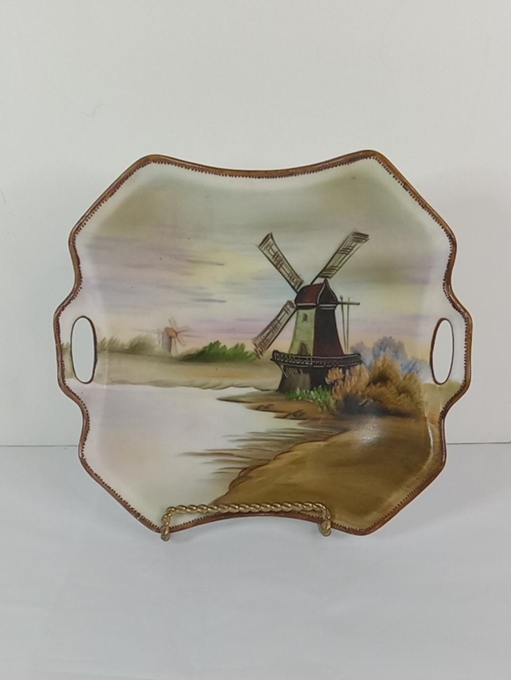 Antique Nippon Porcelain Hand-Painted Dutch Windmill 2 Handled Dish